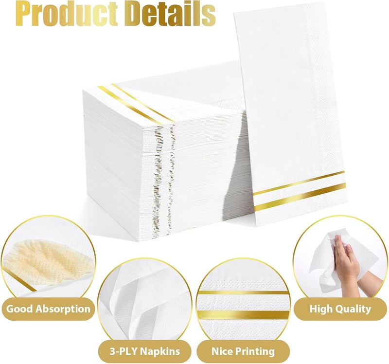 Tamone 100PCS 3-Ply Gold Napkins - White and Gold Paper Napkins Disposable - Premium Quality Dinner Napkins Soft and Absorbent for Wedding Party Birthday - Image 3